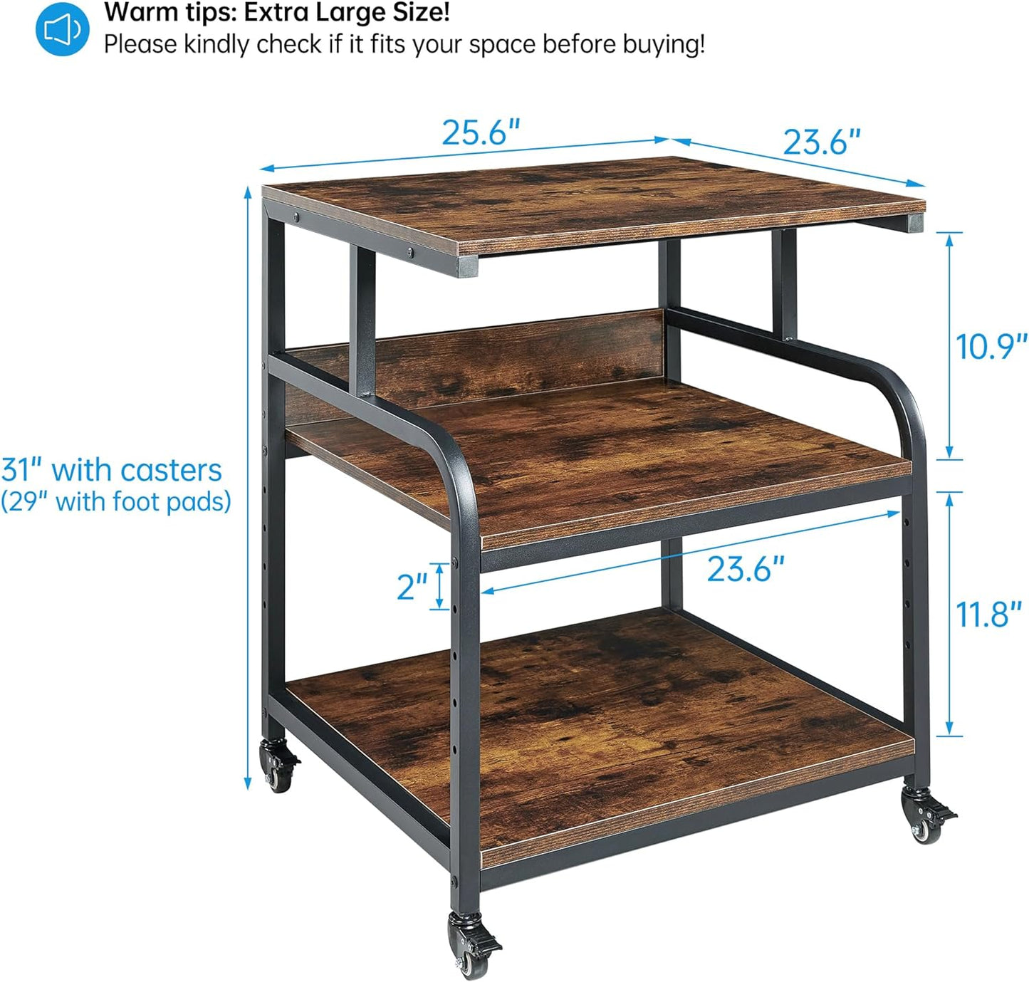 23.6" Deep Extra Large Printer Stand, 3 Tier Printer Table with Adjustable Storage Shelf, Rolling Printer Cart with Industrial Wheels for Home Office, Rustic Brown