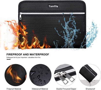 Fireproof Safe Waterproof Accordion File Bag Folder Expanding Filing Folder with 14 Multicolored Pockets, A4 Letter Size, Document Organizer Holder and Color Labels /2 Zipper (Black 14.3" x 9.8")