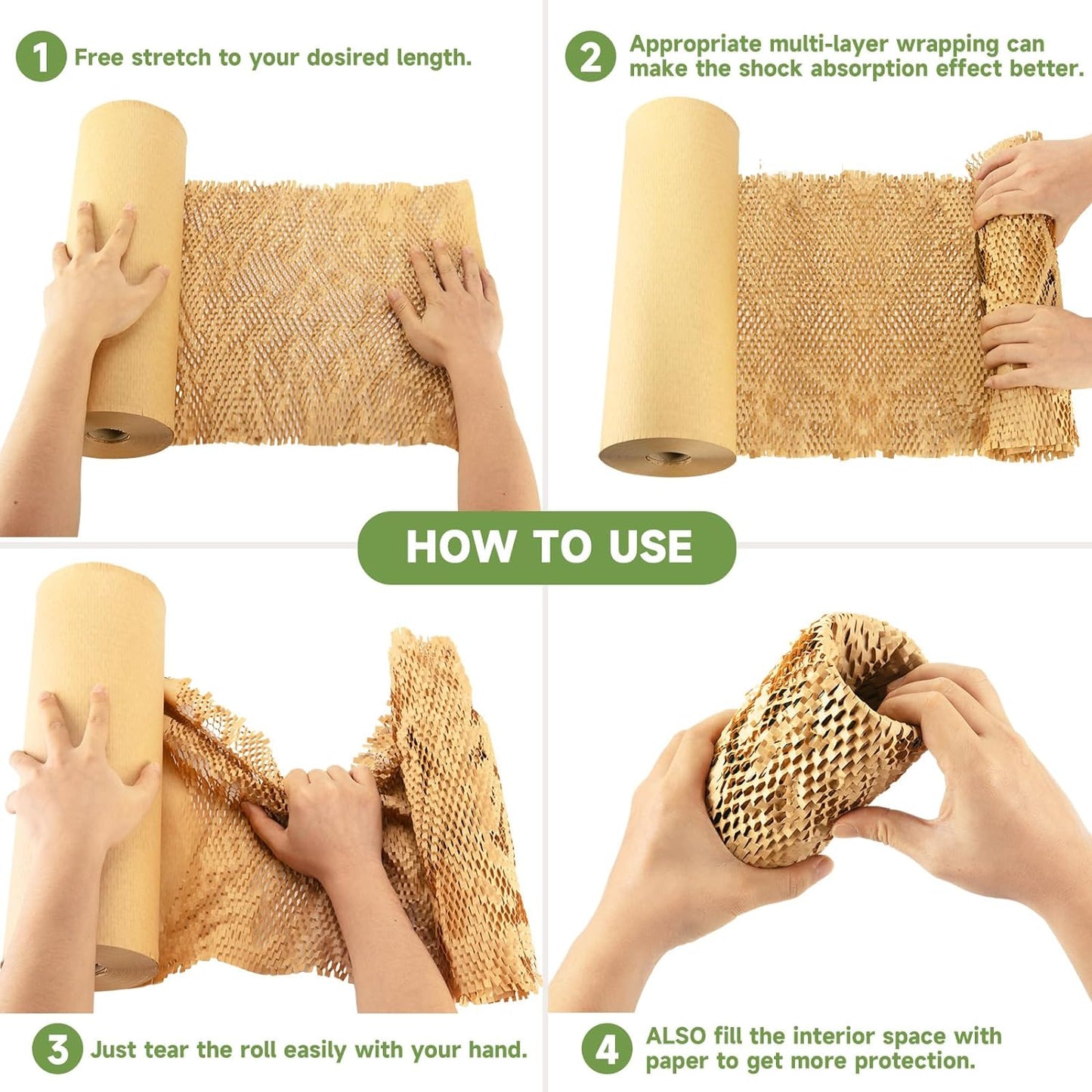 Honeycomb Packing Paper Wrap 15''x20520" (1710 ft), Substitute Alternative for Bubble Cushioning Wrap for Moving Shipping Packaging, Recyclable Moving Supplies with 48 Fragile Sticker Labels