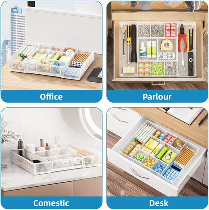 Marbrasse Expandable Desk Drawer Organizer, Mesh Drawer Organizer Tray with 10 Adjustable Compartments, Desk Organizers and Accessories, 5 Dividers Drawer for Office Supplies, Makeup & Vanity (White)