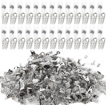 Happy Trees 200 Pcs Metal Badge Clips with Clear PVC Straps, ID Holder Clip for Badge Holders, Name Tags, ID Cards, Work Badges