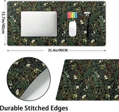 Black Aesthetic Vintage Botanical Gaming Mouse Pad XXL Cute Forest Green Plant Nature Floral Extended Large Mouse Pad Big Mousepad Non-Slip Stitched Edge Long Mat for Desk Office Computer,35.4x15.7 in