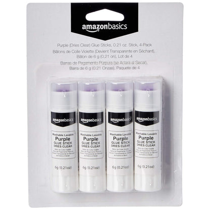 Amazon Basics Purple Washable School Glue Sticks, Dries Clear, 0.21 oz Stick, 4-Pack