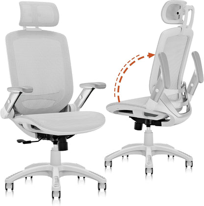 GABRYLLY Ergonomic Office Chair, High Back Home Desk Chair with Headrest, Flip-Up Arms, 90-120° Tilt Lock and Wide Cushion, 400LBS Mesh Chairs for Man Woman, White Task Chair(Grey,GY01WG)