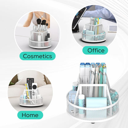 YINGHUA Metal Mesh Desk Organizer with 5 Compartments and Rotating Pencil Holder Pen and Stationery Organizer for Office Home School Anti Slip Base White