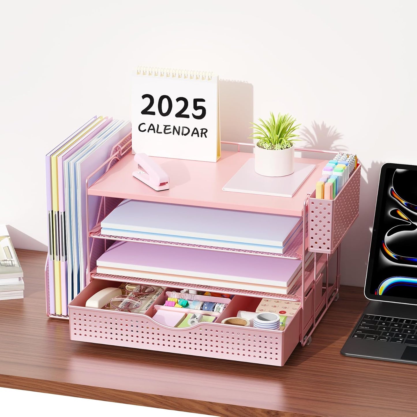 Wood Desk Organizers and Accessories with File Holder, 4-Tier Desk Accessories & Workspace Organizers with Drawer and Pen Holder, Paper Organizer for Office Supplies (Pink)