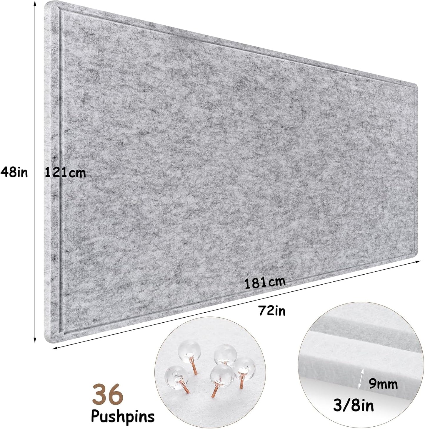 Large Bulletin Board, 72x48 Inches Cork Board Alternative, Large Felt Board Decorative Pin Board for Wall, Foldable Photo Board Self-Adhesive Vision Board with 36 Pushpins Light Gray