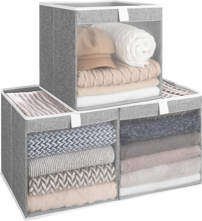 StorageWorks 13x13 Storage Cubes, Closet Storage Bins with Clear Window, Large Fabric Organizer for Clothes, Collapsible Storage Baskets with Handles, Gray, 3-Pack