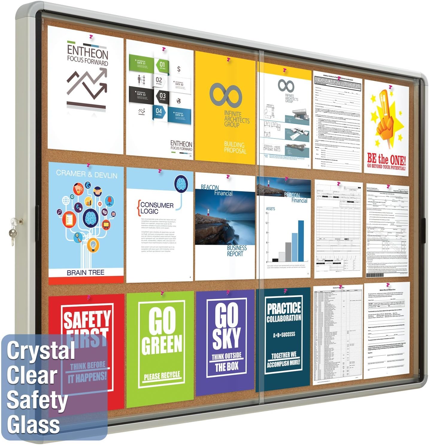 Quartet Enclosed Cork Bulletin Board, 56" x 39" or 18 Sheets, 2 Sliding Doors, Aluminum Frame (EISC3956)