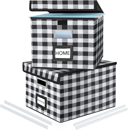 Huolewa Decorative Collapsible File Storage Organizer Boxes with Lids, Hanging Filing & Storage Boxes for Office/Decor/Home, Filing System for File and Folders Storag - (Black & White Lattice)