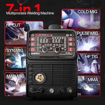 ANDELI 7 in 1 Multi-Process Plasma Cutter Welder Combo, 110/220V Dual Voltage Cutting Welding Machine GAS MIG/FLUX MIG/HF TIG/STICK/COLD/CUT/Aluminum MIG Welder (MCT-418)
