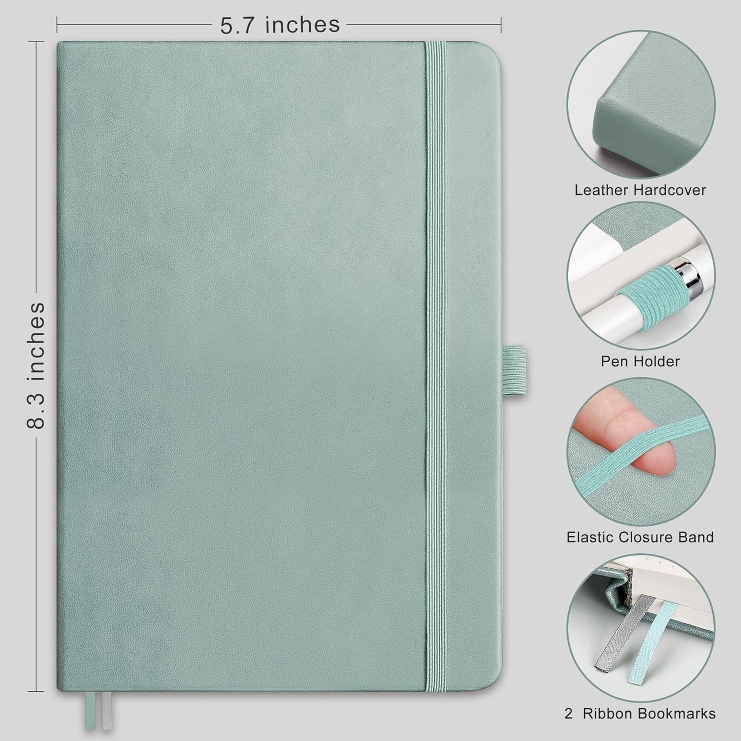 RETTACY Lined Journal Notebook, 192 Numbered Pages, A5 Medium Size (5.7'' x 8.3''), for Men & Women, Journaling, Writing, Work & Office, Leather Hardcover, 100 GSM Thick Paper (Blue-gray)