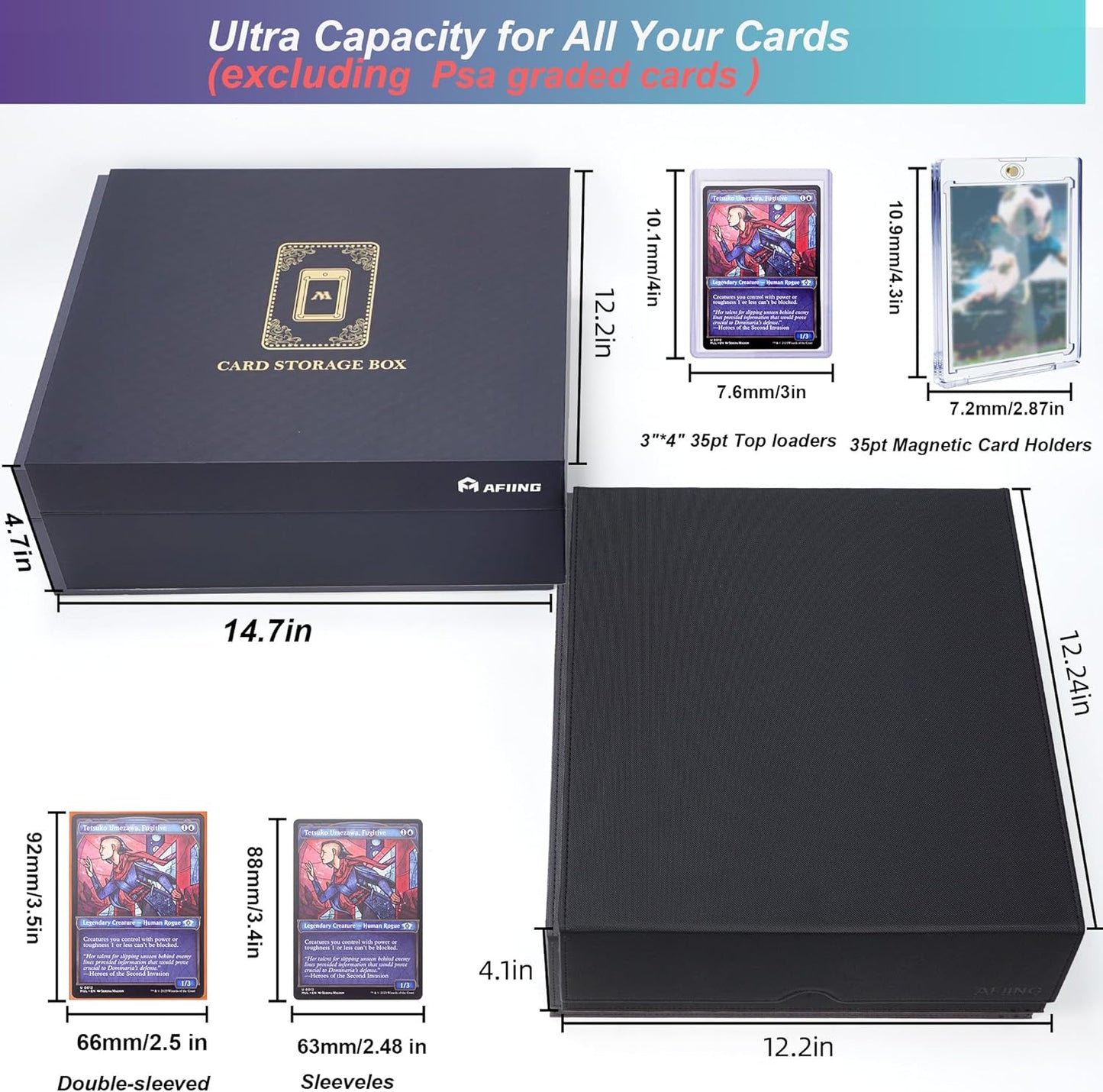 AFIING Trading Card Storage Box 6000+ Capacity – DIY Toploader Case w/ 24 Dividers & 8 Supports, Fits 3x4 Rigid Card, Deck Box for MTG TCG Sports Cards– Black & Red