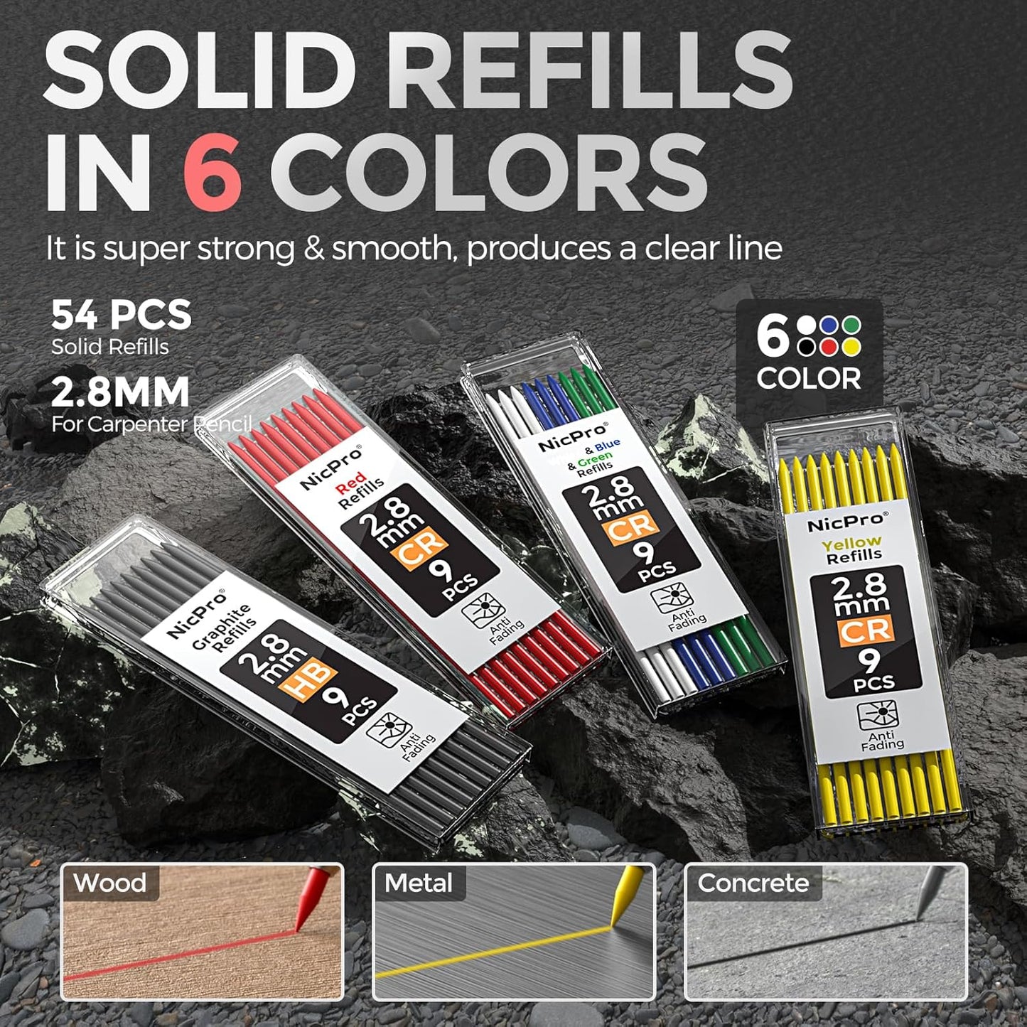 Nicpro 3 Pack CP3000 Carpenter Pencil with Sharpener, Mechanical Carpenter Pencils with 57 Refills, Construction Pencil Heavy Duty Woodworking Pencils for Architect Marking (Red, Black, Yellow)