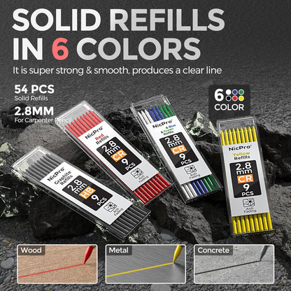 Nicpro 3 Pack CP3000 Carpenter Pencil with Sharpener, Mechanical Carpenter Pencils with 57 Refills, Construction Pencil Heavy Duty Woodworking Pencils for Architect Marking (Red, Black, Yellow)