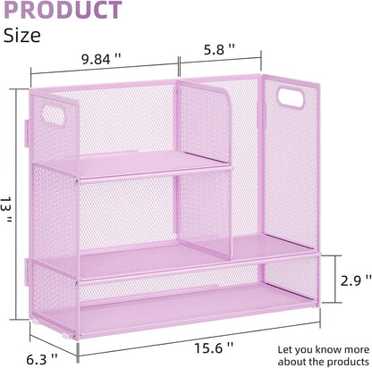 Marbrasse 3-Tier Desk Shelf Organizer with Handle, Desktop Bookshelf File Holder, Mesh Display Shelf Organizer Storage Rack for Office, Home, Supplies, Kitchen (Purple)