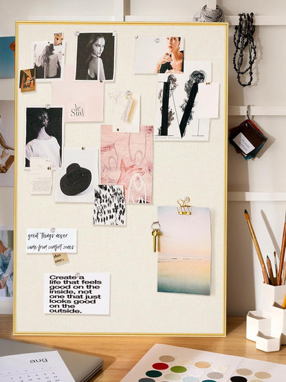 Bulletin Board 30 x 20 inches, Oatmeal White Pin Board, Golden Aluminum Framed Fabric Cork Board with 10 Push Pins