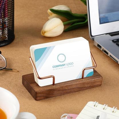 Amyhill 2 Pieces Wood Business Card Holder for Desk Wooden Business Card Display Stand Postcard Holder for Office Home Desktop (Wood Color, Rose Gold)