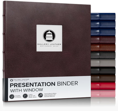 Gallery Leather 3 Ring Binder with Plastic Sleeves, Includes 10 Sheets, Sheet Size: 8.5" x 11" - Presentation Binder Rings with Window and Hubbed Spine, Thick: 0.75" Belfast Burgundy
