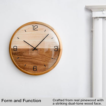 Driini Analog Dome Glass Wall Clock (12") - Pine Wood Frame with Two-Tone Wooden Face - Battery Operated with Silent Movement - Large Decorative Clocks for Classroom, Office, Living Room, or Bedrooms.