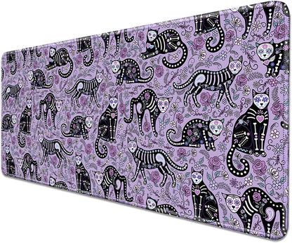 Gothic Cat Skeleton Flowers Mouse Pad,Extended Cat and Floral Mousepad Desk Pad with Stitched Edges,Non-Slip Waterproof Rubber Base Mouse Mat for Office Computer Keyboard Laptop Home(27.5x11.8 in)