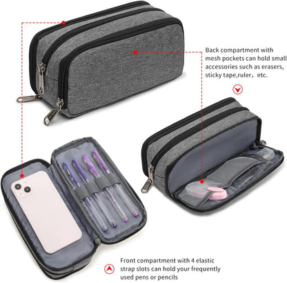 Della Gao Big Capacity Pencil Case, Aesthetic Pencil Pouch with 3 Compartments Large Pencil Bag Nylon Storage Pen Bag Office Stationery Organizer for Women and Men - Grey