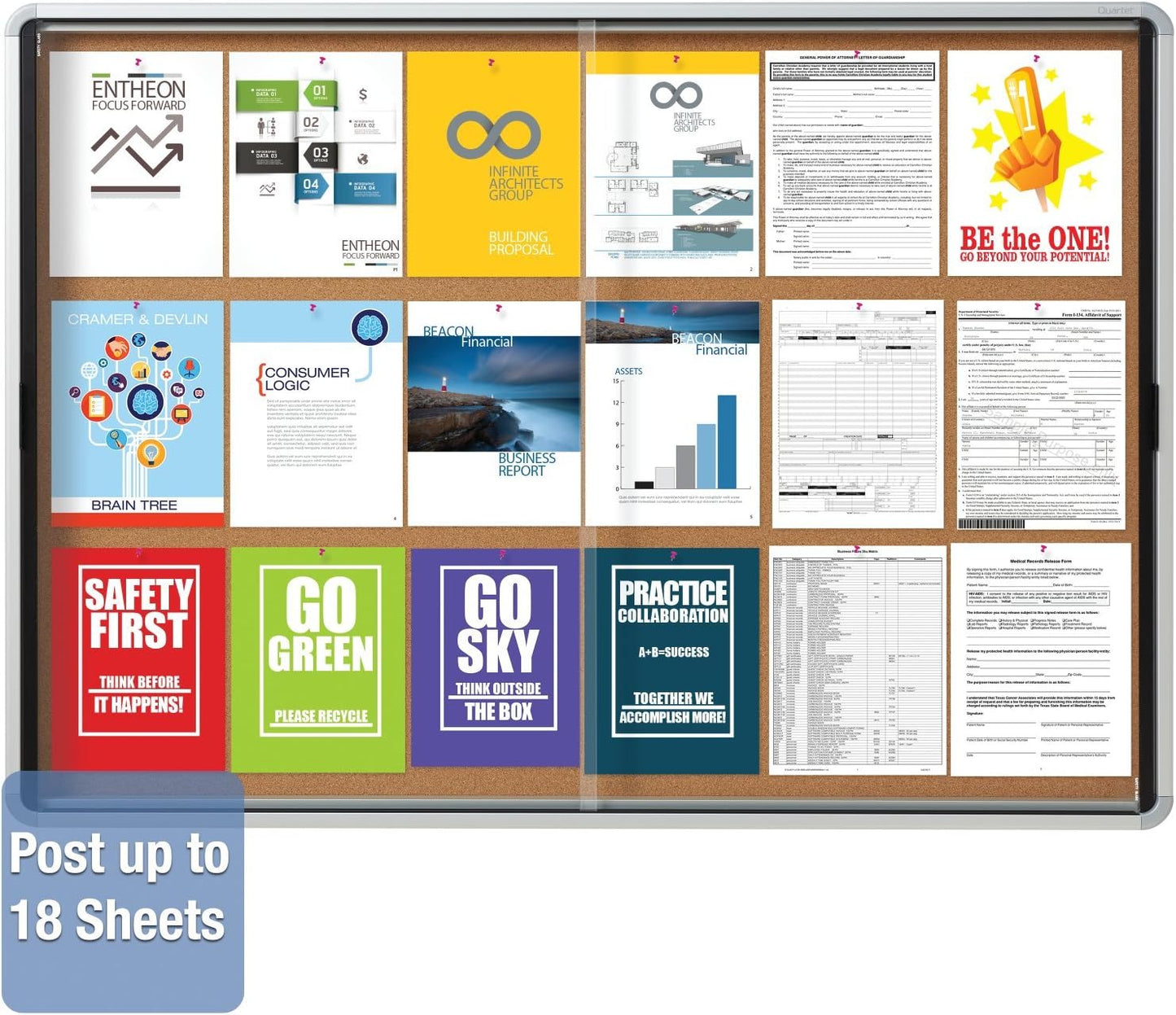 Quartet Enclosed Cork Bulletin Board, 56" x 39" or 18 Sheets, 2 Sliding Doors, Aluminum Frame (EISC3956)