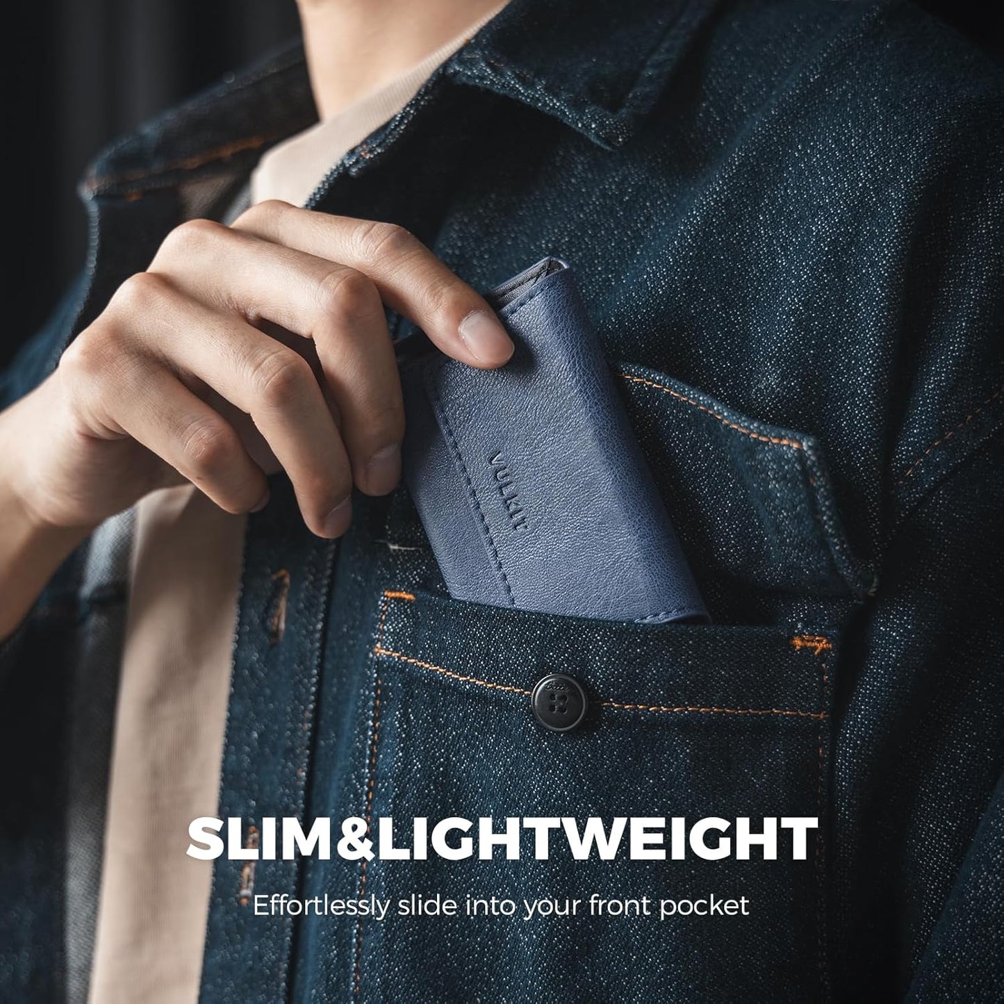 VULKIT Leather Business Card Holder Case for Men Slim Pocket Business Card Wallet Name Card Case Holder, Holds 20 Business Cards Navy