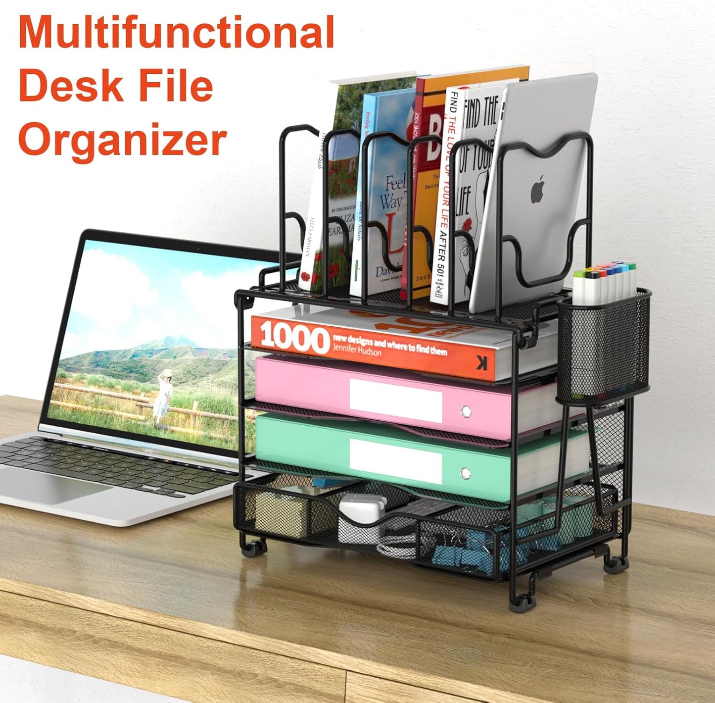 Mesh Desk Organizer, 3-IN-1 Desktop Organizer with 4 Tier Tray and 5 Upright Sections, File Organizer for Desk with Sliding Drawer, Black