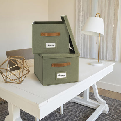 ZICOTO Decorative File Organizer Box Set of 2 - Collapsible Linen Filing Cabinets w/Handles Are Perfect to Store all Your Documents & Hanging File Folders - Portable Easy Slide Crates with Lid