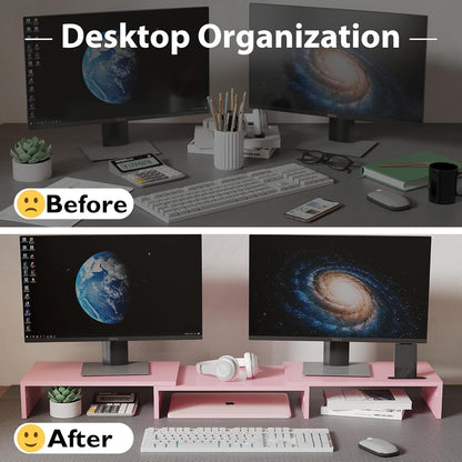 BONTEC Dual Monitor Stand Riser with Smartphone Holder, Adjustable Length & Swivel Angle, Ergonomic Wooden Desktop Organizer for PC Monitor, Laptop, Printer, Large Storage, Pink