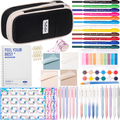 Bible Study Supplies for Women Men - Pencil Pouch Case, 75 Tabs, 12 No Bleed Highlighters, 6 Colored Pens, 10 Black Ink Pens, Washi Tapes & A5 Notebook -Christian Gifts Journaling Kit, Black