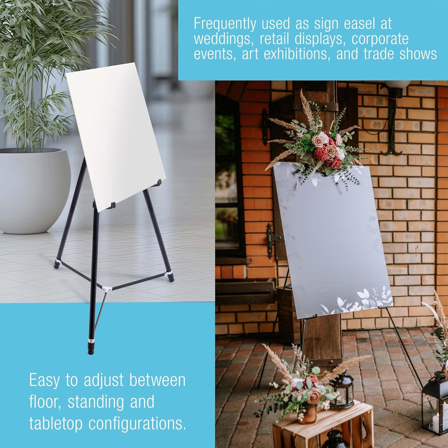 U.S. Art Supply 66" High Black Metal Display Art Easel (4 Pack) - Large Adjustable Height Portable Easel Stand, Sign Display, Holds 25 lbs - Floor & Tabletop Easels, Sign Stand
