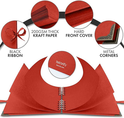 Bstorify Square Scrapbook Photo Albums 7 x 7 Inch Red Thick Paper, Hardcover, Metal Corners, Ribbon Closure - Ideal for Your Scrapbooking Albums, Art & Craft Projects