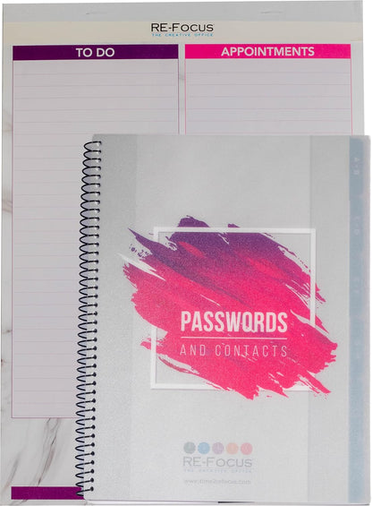 Password Book Keeper, Pink, Alphabetical Tabs, Spiral Bound, Removable Sheets, Journal Organizer Includes Website, Address, Username, Password - 10" x 7.5" by Re-Focus The Creative Office