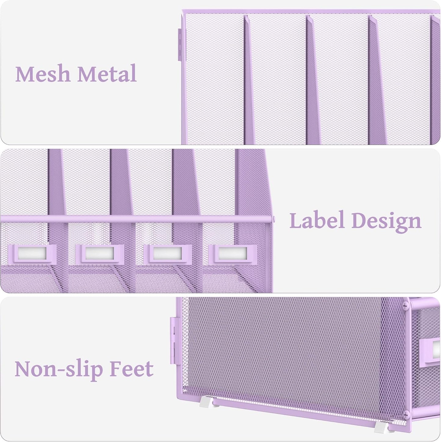 SUPEASY Desk Organizers Metal Desk Magazine File Holder with 5 Vertical Compartments Rack File Organizer for Office Desktop, Home Workspace, Purple