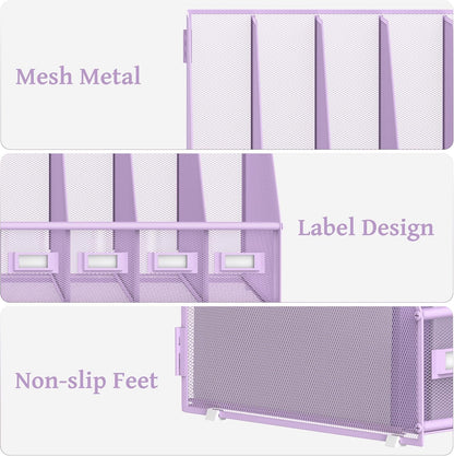 SUPEASY Desk Organizers Metal Desk Magazine File Holder with 5 Vertical Compartments Rack File Organizer for Office Desktop, Home Workspace, Purple