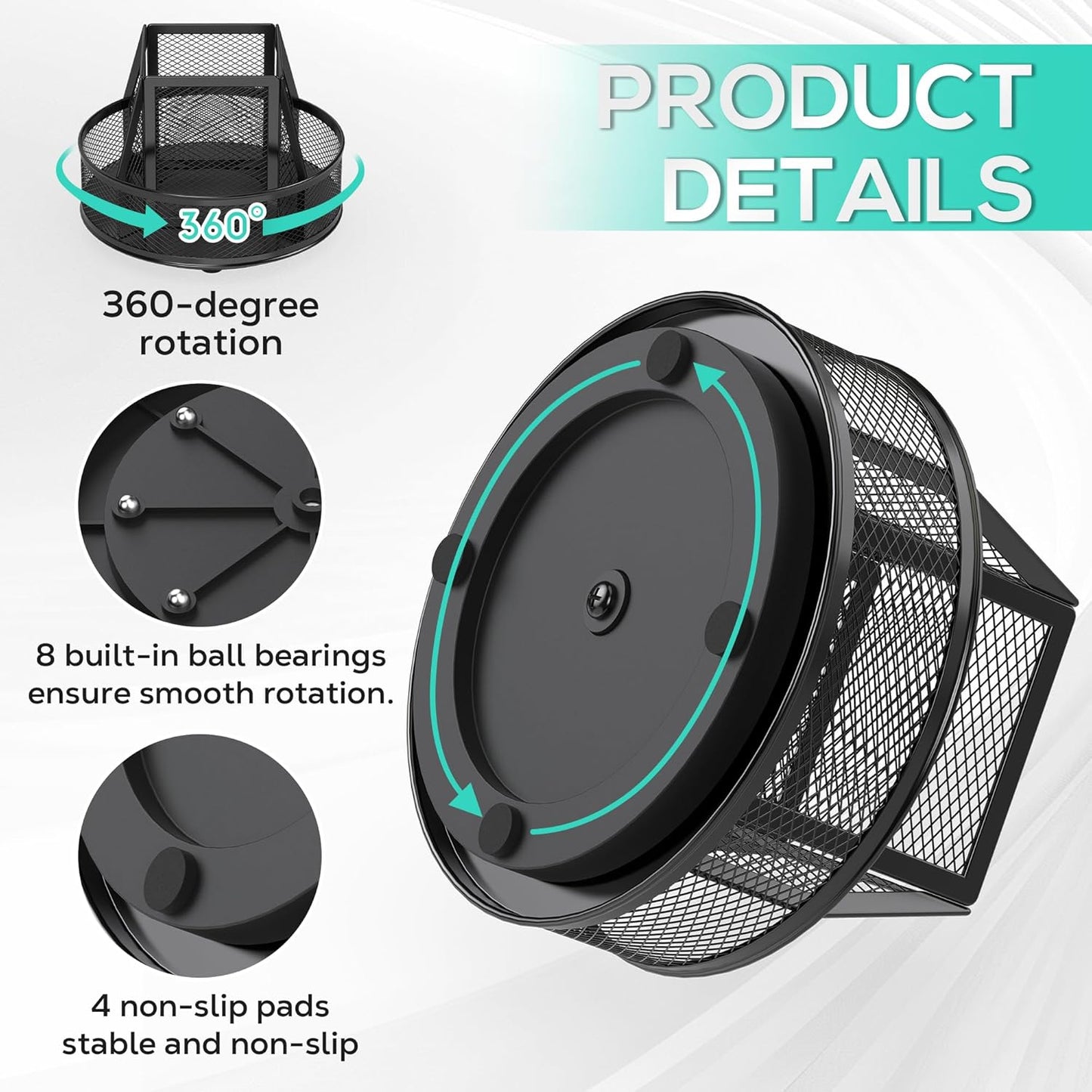 YINGHUA Metal Mesh Desk Organizer with 5 Compartments and Rotating Pencil Holder Pen and Stationery Organizer for Office Home School Anti Slip Base Black