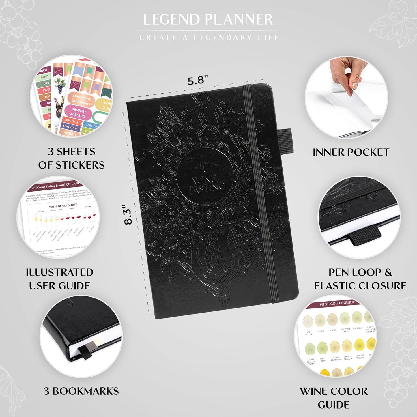 Legend Wine Tasting Journal – Wine Guide & Diary – Unique Accessories & Gifts for Wine Lovers, Women & Men, Eco Leather Notebook (Black)