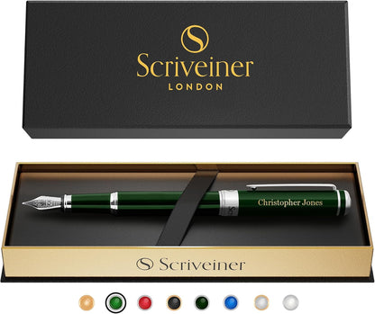 Scriveiner Personalized British Racing Green Pen - Stunning Green Lacquer Luxury Pen w/Chrome Finish, German Schmidt Nib (Medium), Best Engraved Fountain Pen Gift Set for Men & Women, Name Engraving