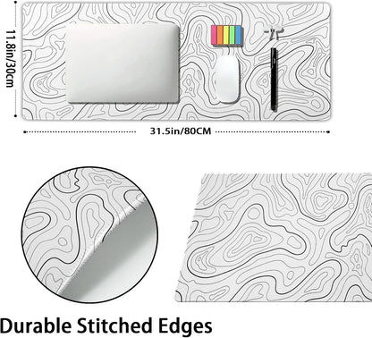 White Topographic Contour Gaming Mouse Pad XL Geographic Map Lines Minimalist Extended Large Mat Mousepad Desk Pad Non-Slip Rubber Base Stitched Edge Long Keyboard Pad for Computer,31.5×11.8 Inch