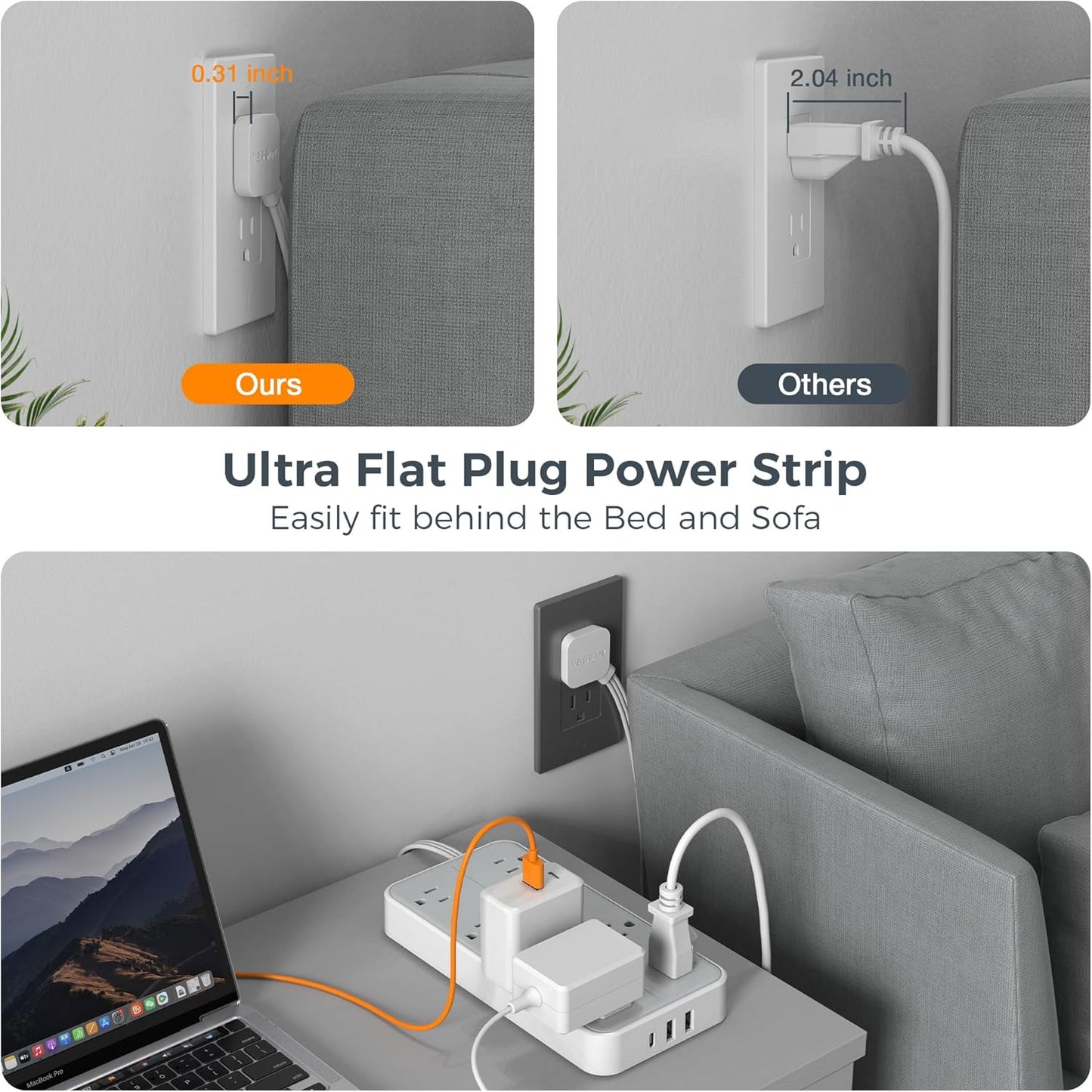 Power Strip Surge Protector 10 FT, TESSAN Flat Plug Extension Cord with 8 Outlets 3 USB Ports(1 USB C), 1080Joules Wall Mountable Multi Port Charging Station for Home Office Dorm Room Essentials