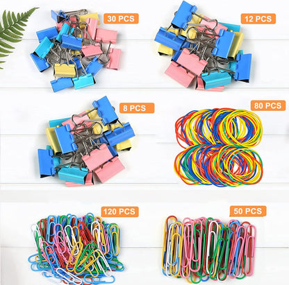 Vinaco 300PCS Paper Clips and Binder Clips Assorted Sizes, Colored Paper Clips (2" Large/1.3" Medium), Binder Clips (1" Medium /0.75" Small/0.6" Mini) and Rubber Bands for Home Office School