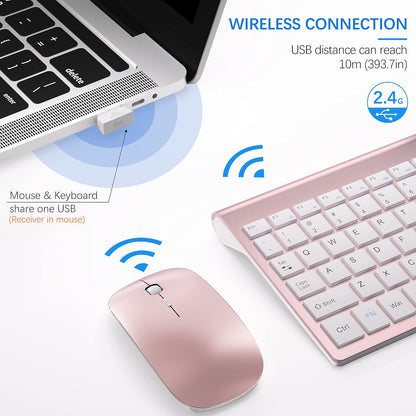 Wireless Keyboard and Mouse Ultra Slim Combo, TopMate 2.4G Silent Compact USB 2400DPI Mouse and Scissor Switch Keyboard Set with Cover, 2 AA & 2 AAA Batteries,for PC/Laptop/Windows/Mac-Rose Gold White