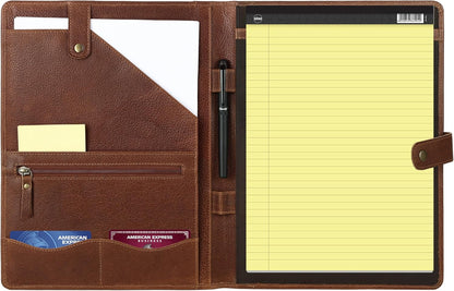 KomalC Leather Portfolio Folder with Button Closure | Business Padfolio for Professionals | Vintage Full-Grain Leather Organizer with Legal Pad Holder, Card Slots & Document Pockets