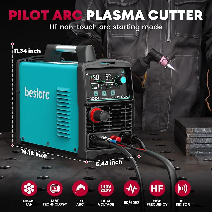 bestarc Plasma Cutter, [Pilot Arc][Large LED Display][Air Sensor] 50A bestarc Plasma Cutter Machine 110/220V Dual Voltage, 1/2 Inch Clean Cut 3/4 Inch Max Cut, Post Flow Mesh, 2T/4T for Beginners DIY