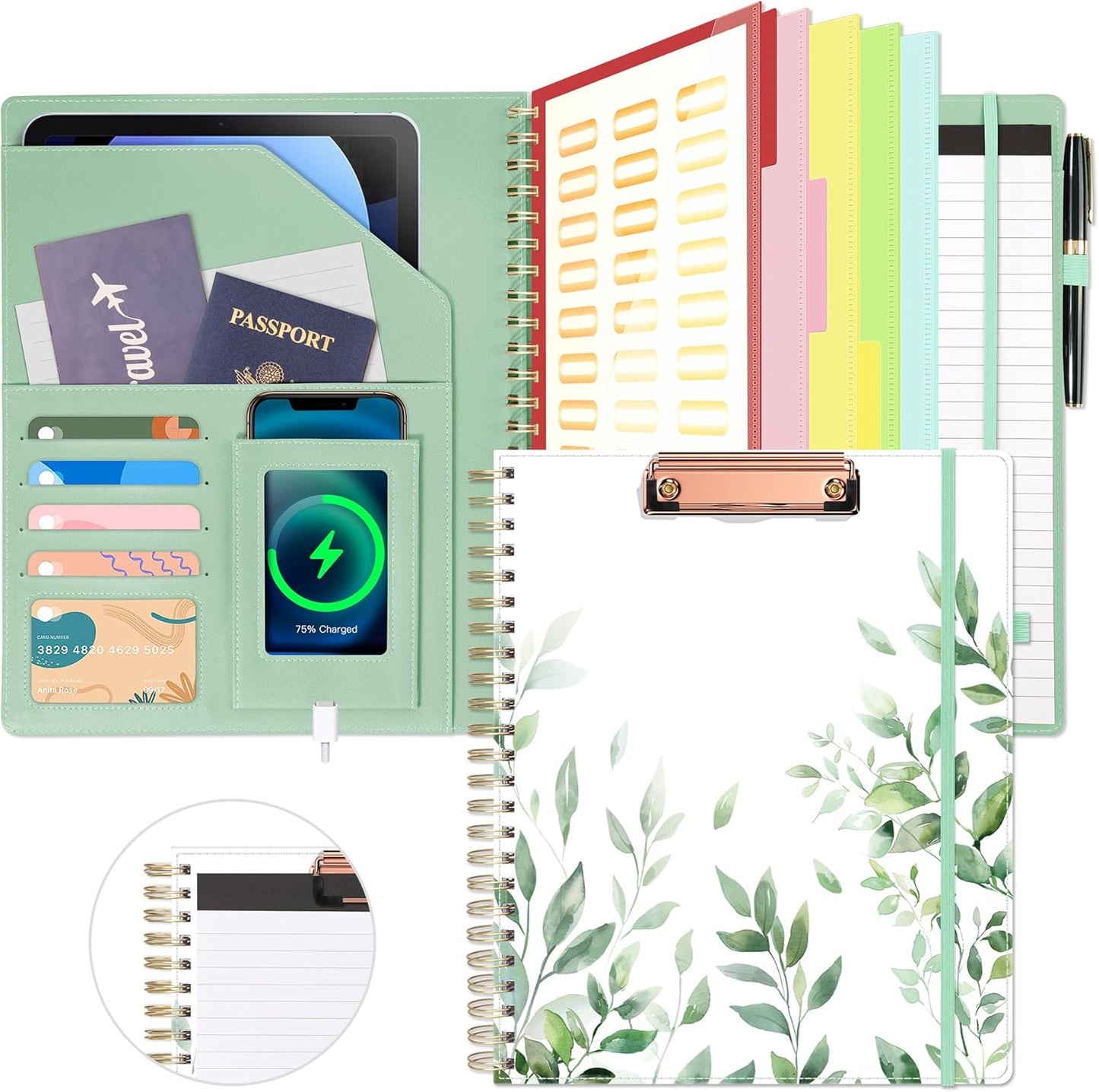 Clipboard with Storage for Men Women, Leather Padfolio Portfolio Organizer 5 Folders with 10 Pockets, Spiral Clipboard Folio with Notepad for Letter Size, Elastic Closure and Pen Loop Green Plants