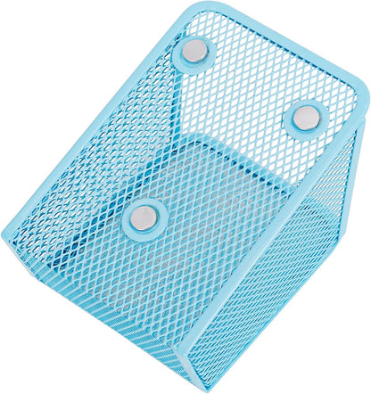 LUCYCAZ Magnetic Pen Holder - Single Magnetic Pencil Locker Holder Organizer, Blue Mesh Marker Holder Pen Basket for Whiteboard, Refrigerator and Locker