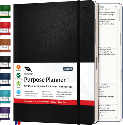 Purpose Planner Notebook B5 7.5”x9.8” Undated 2025 Daily Weekly and Monthly Productivity Goal Setting Tool for Work Home ADHD for Adults Self Care Journal