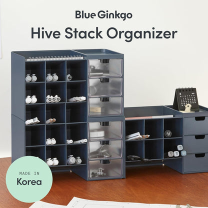 Blue Ginkgo Hive Stack Desk Organizer – Stackable Pen Holder, Stationary Organizer with Drawers - Office Storage, School Supplies, Makeup (Made in Korea, Blue Transperent)